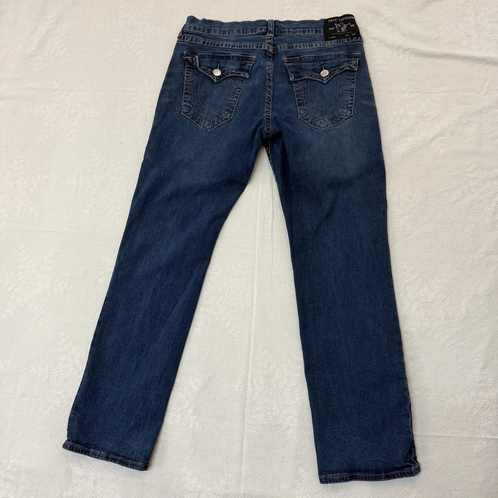 True Religion Ricky Relaxed Straight Jeans Mens 36x32 Blue Flap Stretch Denim